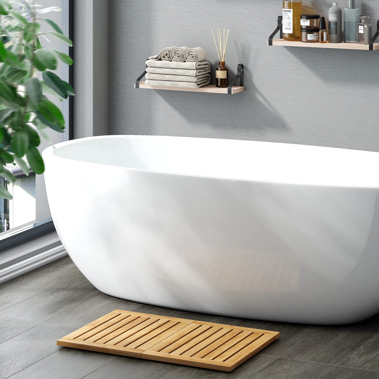 Waterproof Bamboo Bath Mat for Shower, Foldable | Non-Slip | Heavy Duty, Wooden Bath Mat, Floor Mat and Doormat for Indoor Outdoor, 23.4in x 15.6in viewcare