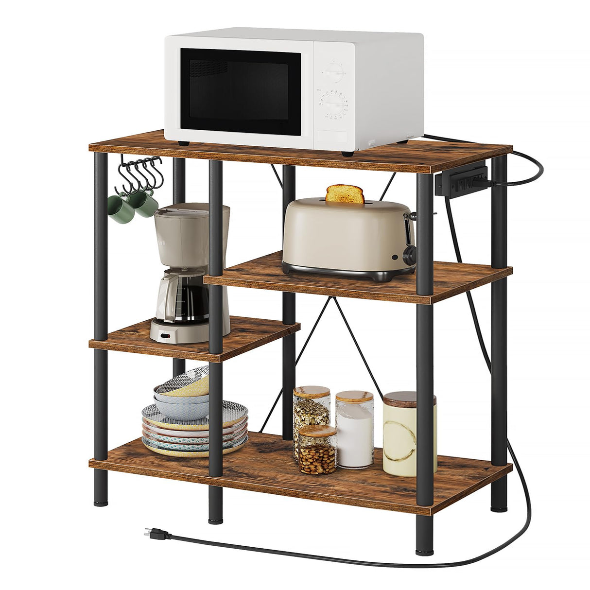 HOOBRO Bakers Rack with Power Outlet, Microwave Stand with 5 S-Shaped Hooks, Coffee Bar, Kitchen Storage Shelf, for Kitchen, Living Room, Rustic Brown and Black BF19UHB01 HOOBRO