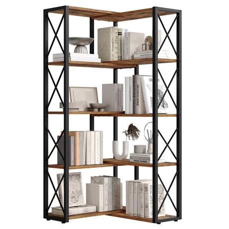 HOOBRO Corner Bookshelf, 5-Tier Industrial Corner Bookcase, Open Display Storage Rack, Vertical or L-Shaped, for Office, Living Room, Bedroom, Rustic Brown and Black BF66SJ01 HOOBRO