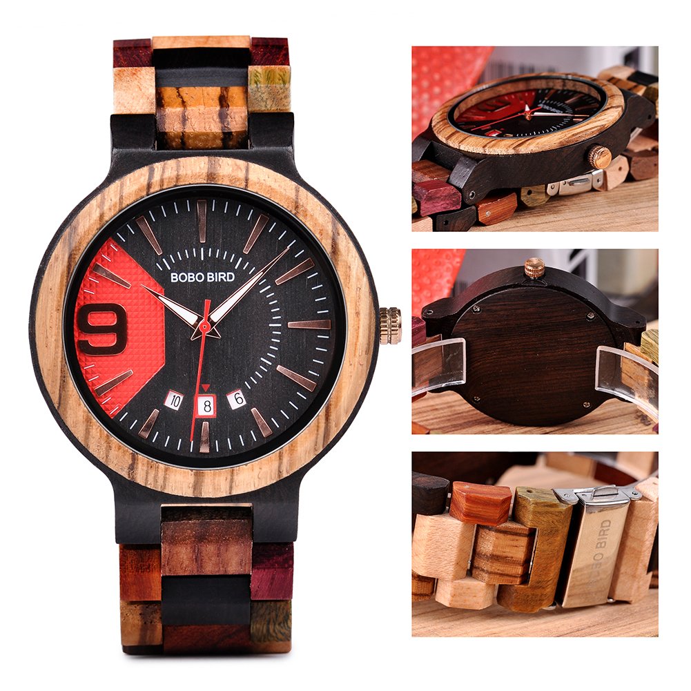 BOBO BIRD Men's Colorful Wooden Watches Analog Quartz Date Display Wood Watch Handmade Luxury Casual Wristwatch with Gifts Box for Men BOBO BIRD