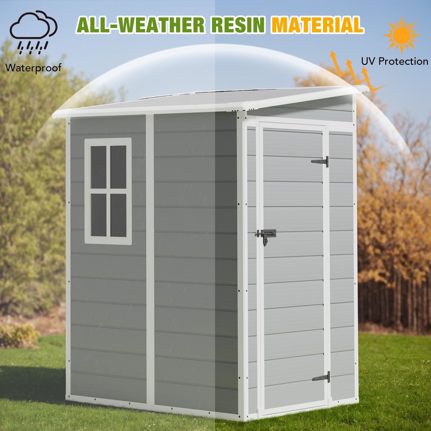 Greesum 5' x 4' Resin Weather Resistant Outdoor Storage Shed with Floor for Garden,Backyard,Pool Tool, Light Grey - WoodArtSupply