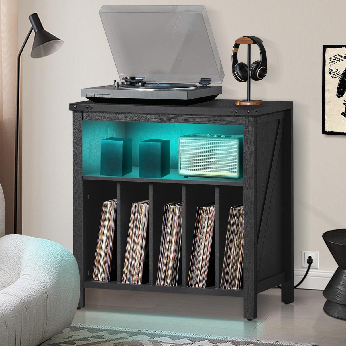 Large Record Player Stand with Charging Station & LED Lights, Vinyl Records Storage Holder Cabinet Holds up to 230 Albums, Turntable Stand for Music Room, Bedroom, Living Room, Office (Black) Joaxswe