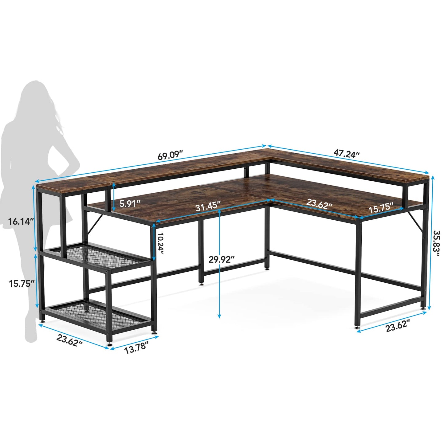 Tribesigns 69 Inch L Shaped Desk with Monitor Stand, Large Reversible Corner Desk with Storage Shelf, Industrial Computer Table Writing Desk for Home Office, Rustic Brown - WoodArtSupply