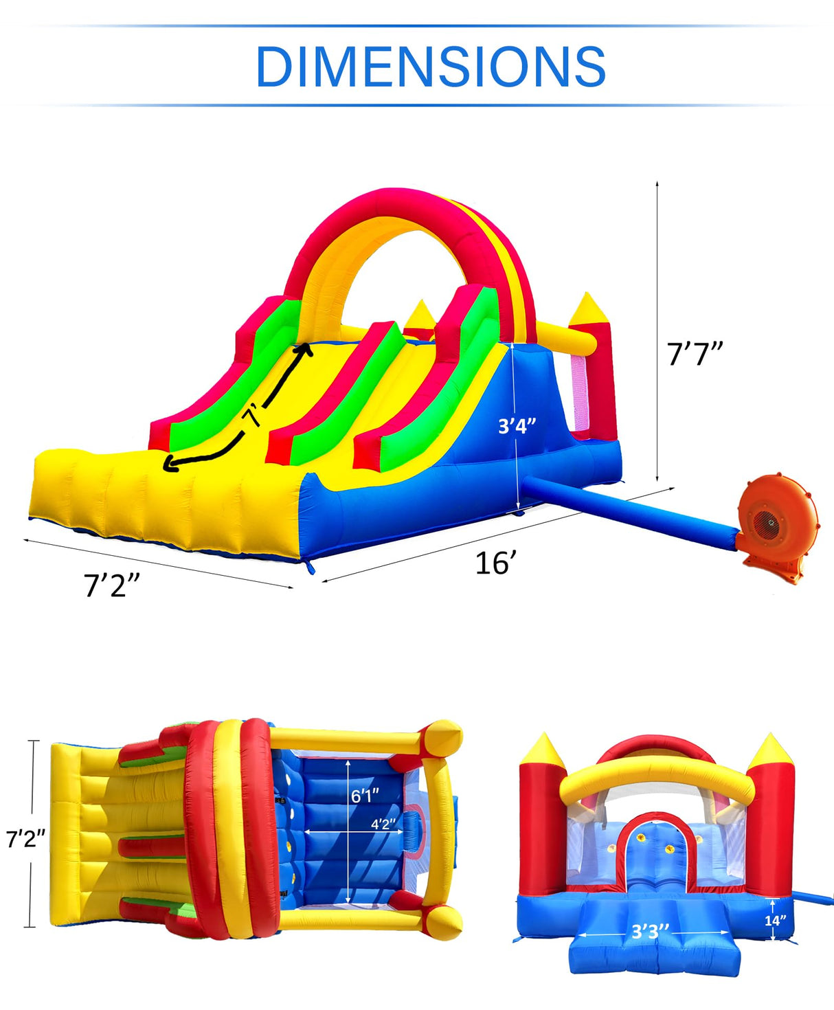 HuaKastro 16x7.2FT Inflatable Bounce House with 2 Racing Slides & Large Climbing Wall, 3 in 1 Kids Inflatable Trampoline Rainbow Jumping Castle Kids Backyard Playgrounds - with Air Blower HuaKastro