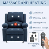 Power Recliner Chair Nursery Reclining Sofa Chair for Adults, Upholstered Heating Point Massage Theater Seating Single Sofa with Side Pockets Sidetable for Living Room-Blue Alunaune