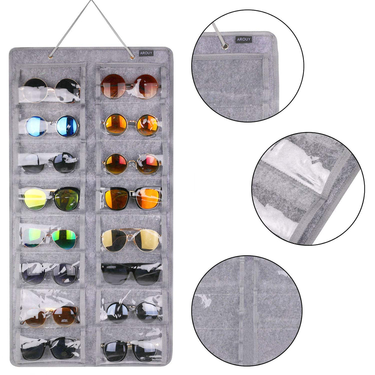 AROUY Sunglasses Organizer Storage, Hanging Dust Proof Wall Pocket Glasses Organizer - 16 Felt Slots Sunglass Organizer Holder with Metal Hook and Sturdy Rope (Gray, Dust Proof) AROUY