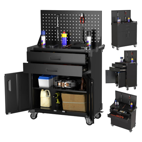 SUXXAN Black Tool Cart with Pegboard and 4 Hooks,Garage Storage Cabinet on Wheels with 2 Drawer,Industrial Service Utility Tool Cart for Mechanics, Garage, Workshop SUXXAN