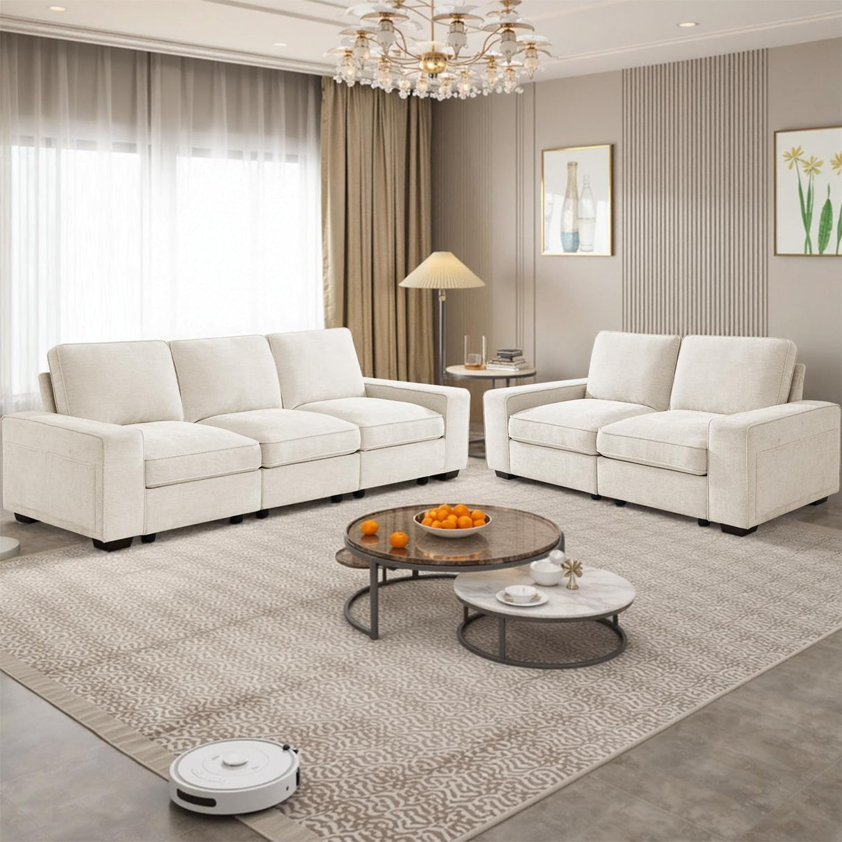 PARKOL 128" Modular Sofa Couch with Large Seats Storage, Chenille Sofa, Modern Comfy 4-Seater Couch for Living Room, Office, Apart, Wide Armrest, Side Pockets, USB Port, Removable Cover PARKOL