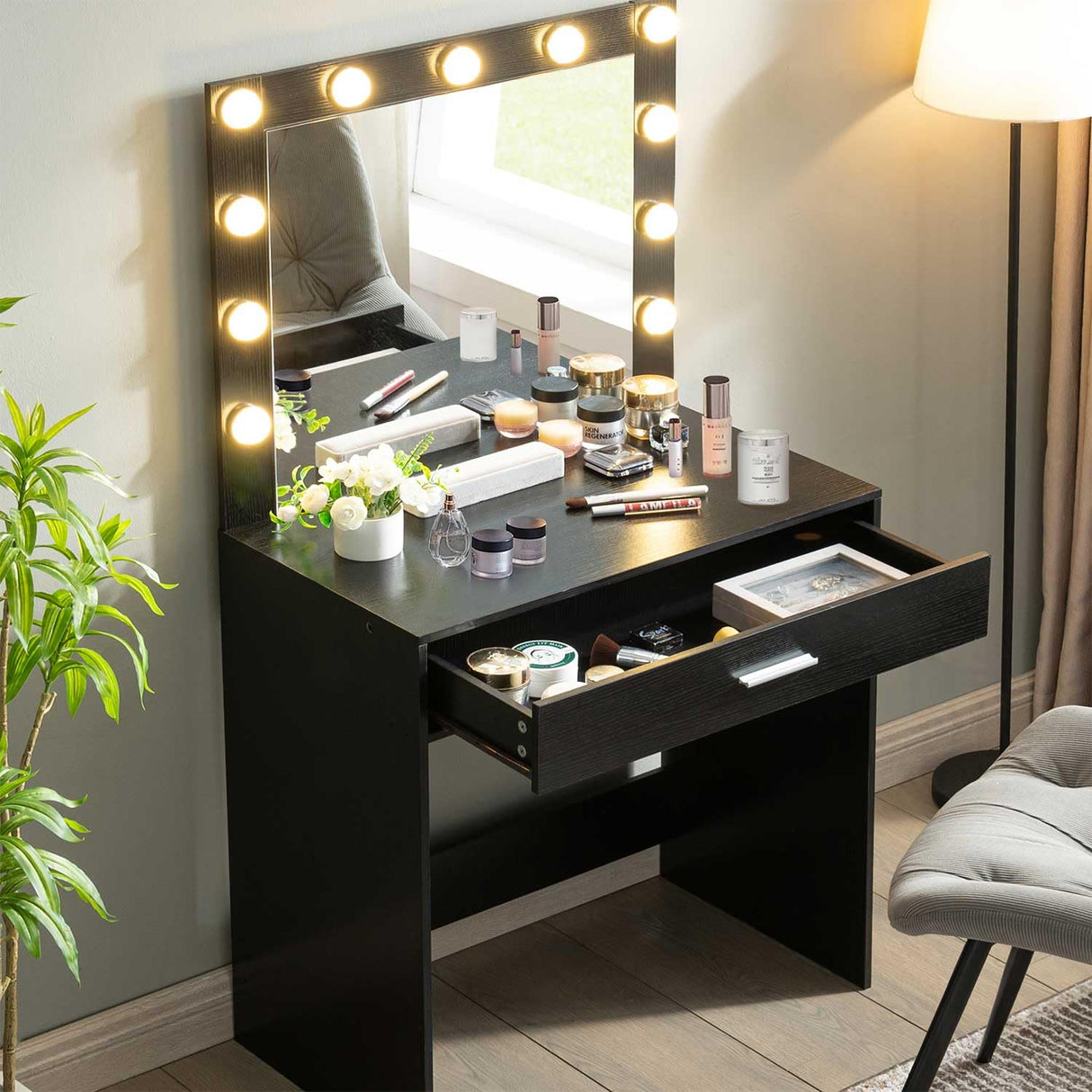 SRECELL Makeup Vanity Desk with Hollywood Mirror, Small Vanity Table with LED Lights & 1 Large Drawers, 3 Color Adjustable Makeup Mirror, Dressing Table for Bedroom, Dressing Room,Black SRECELL
