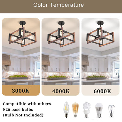 HuisMier 4-Light Farmhouse Ceiling Light Fixtures, Rustic Wood and Metal Semi Flush Mount Ceiling Light Black Industrial Chandelier for Dining Room Hallway Kitchen Entryway Bedroom Living Room