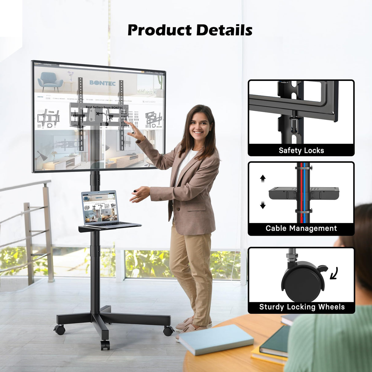 BONTEC Mobile TV Stand, Tilt Rolling TV Cart with Media Shelf and Locking Wheels, Fits 23-60” LED, LCD, OLED Flat Curved TVs, Holds Up to 55lbs, Max VESA 400x400mm BONTEC