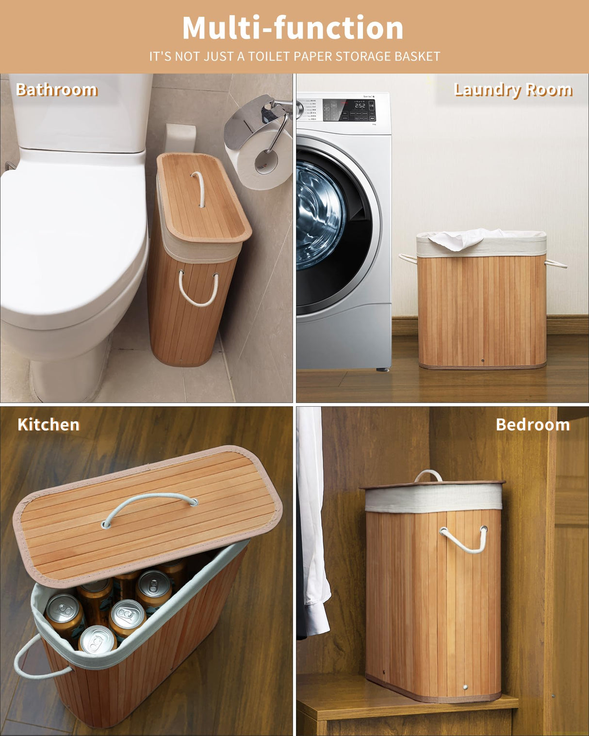 WAOHANAZ Bamboo Toilet Paper Storage with Lid & Handel, 8 Gallons (30L), Sturdy Toilet Paper Basket, Organizer for Bathroom, Kitchen, Holder with Storage, Natural WAOHANAZ