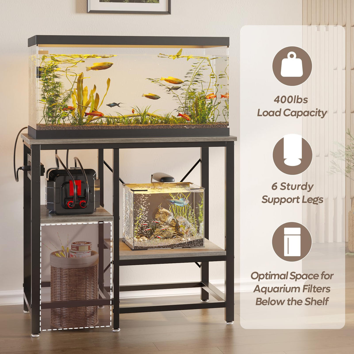 Becuddler 20/30/37 Gallon Fish Tank Stand with Charging Station, 30.7 x 13.8 Metal Aquarium Stand with 3-Tiers Adjustable Storage Shelves, 6-Legs Reptile Terrarium Stand, 400 LBs Becuddler