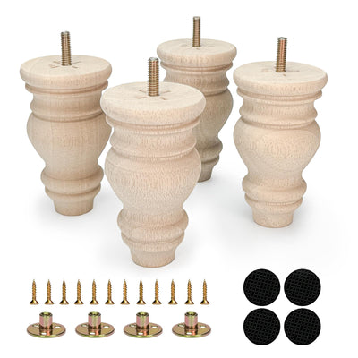 Crawopft 5 Inch Wooden Furniture Legs, Set of 4 Replacement Solid Wood Unfinished Round Furniture Bun Feet for Couch Chair Sofa Dresser Desk Table Cabinet Bed Bookcase