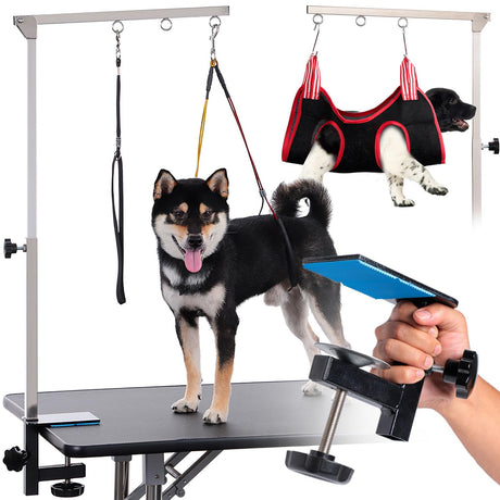 Dog Grooming Table Arm with Hammock - Adjustable Height, Pet Grooming Hammock, No Sit Haunch Holders, Loop Noose Heavy-Duty Clamp (Stainless Steel) Phenfor