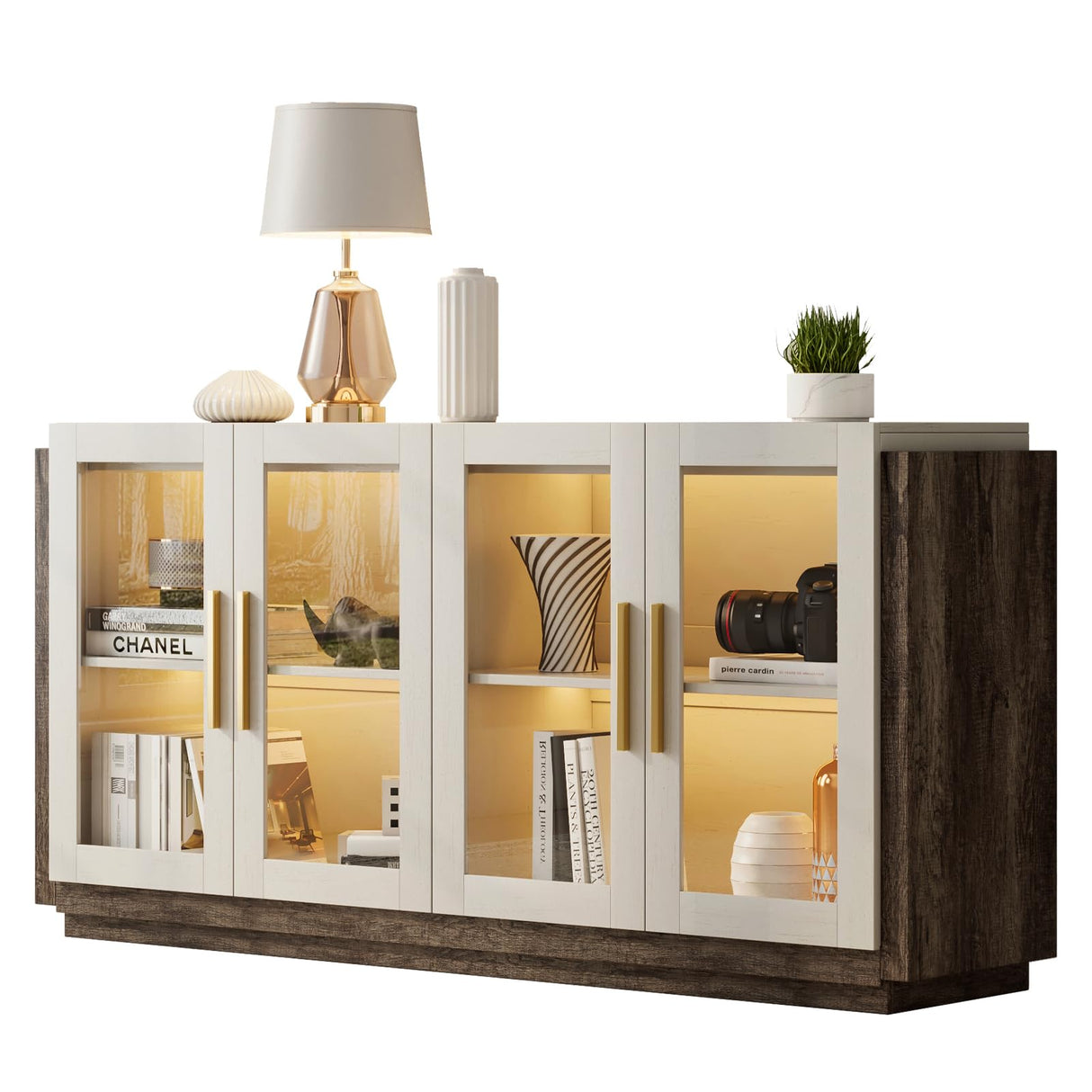 AMERLIFE Sideboard Buffet Cabinet, Mixed Color Accent Cabinet with LED Lights, Modern Glass Doors Storage Cabinet with Adjustable Shelf, Console Table for Dining, Living Room, White and Grey AMERLIFE