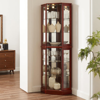 Lighted Curio Cabinet Corner Display Case for Living Room, China Hutch with Tempered Glass Doors and Shelves, Wooden Accent Cabinet, Bar and Liquor Storage Area(E26 light bulb not included) (Cherry)