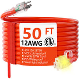 HUANCHAIN 12/3 Gauge Heavy Duty Outdoor Extension Cord 50 ft Waterproof with Lighted end, Flexible Cold-Resistant 3 Prong Electric Cord Outside, 15Amp 1875W 12AWG SJTW, Orange, ETL huanchain