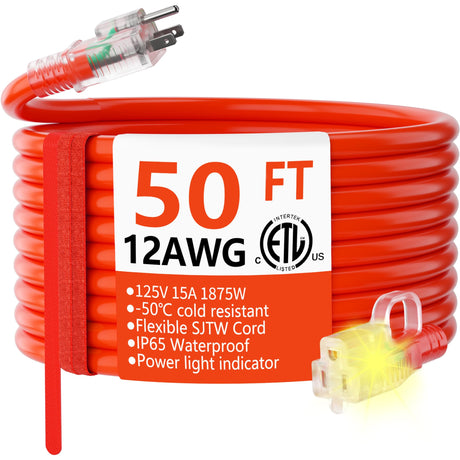 HUANCHAIN 12/3 Gauge Heavy Duty Outdoor Extension Cord 50 ft Waterproof with Lighted end, Flexible Cold-Resistant 3 Prong Electric Cord Outside, 15Amp 1875W 12AWG SJTW, Orange, ETL huanchain