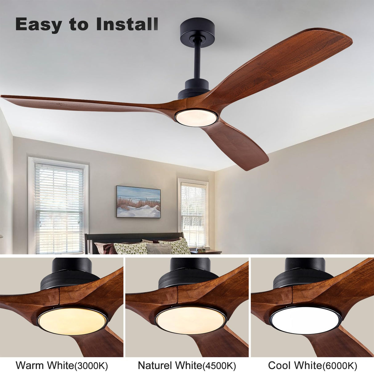 QUTWOB 60" Wood Ceiling Fan with Lights Remote Control,Quiet DC Motor 3 Blade Ceiling Fans for Patio Living Room, Bedroom, Office,Indoor Outdoor(Black+Walnut) QUTWOB