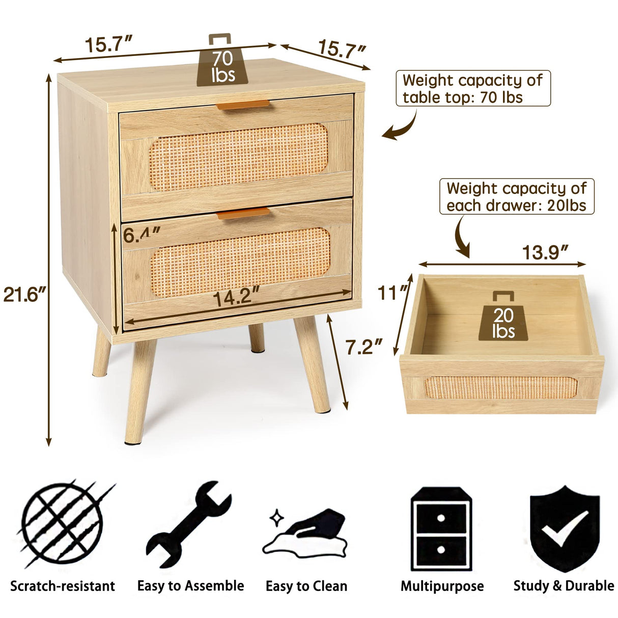 HOPUBUY Nightstands Set of 2 with Rattan Drawer, Modern Night Stand for Bedrooms, Wooden 2 Drawer Bedside Table Side Table for Small Place Living Room and Bedroom (Brown, 2 drawers 2 Pack) HOPUBUY