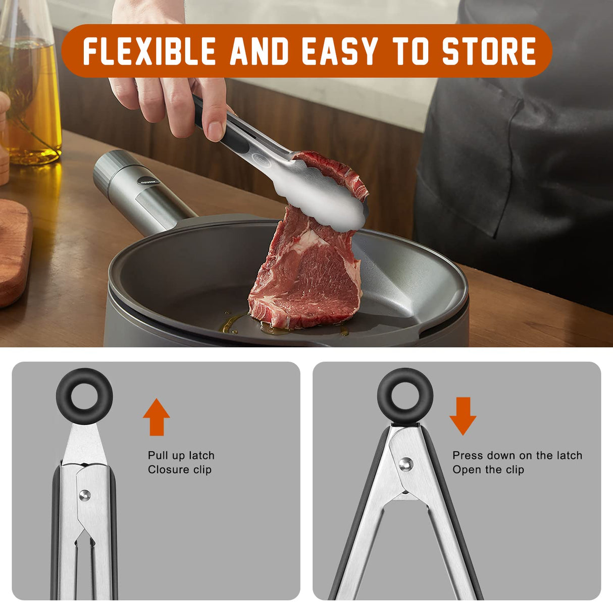 TACGEA Stainless Steel Kitchen Tongs, Silicone Non-slip Grip, Locking Grilling Food Tongs Set of 2, 9-inch & 12-inch TACGEA