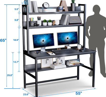 Aquzee 55-Inch Black Computer Desk with Hutch and Bookshelves for Space-Saving Storage - WoodArtSupply