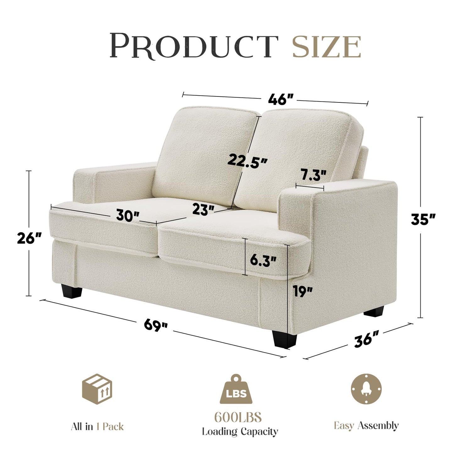 Zelimon Loveseat, 61” Spacious Deep Seat Sofa for Living Room/Bedroom/Office/Apartment, Sofa Bed for Small Spaces, Detachable Futon Couch Cover, Easy to Install, Beige Teddy Fleece