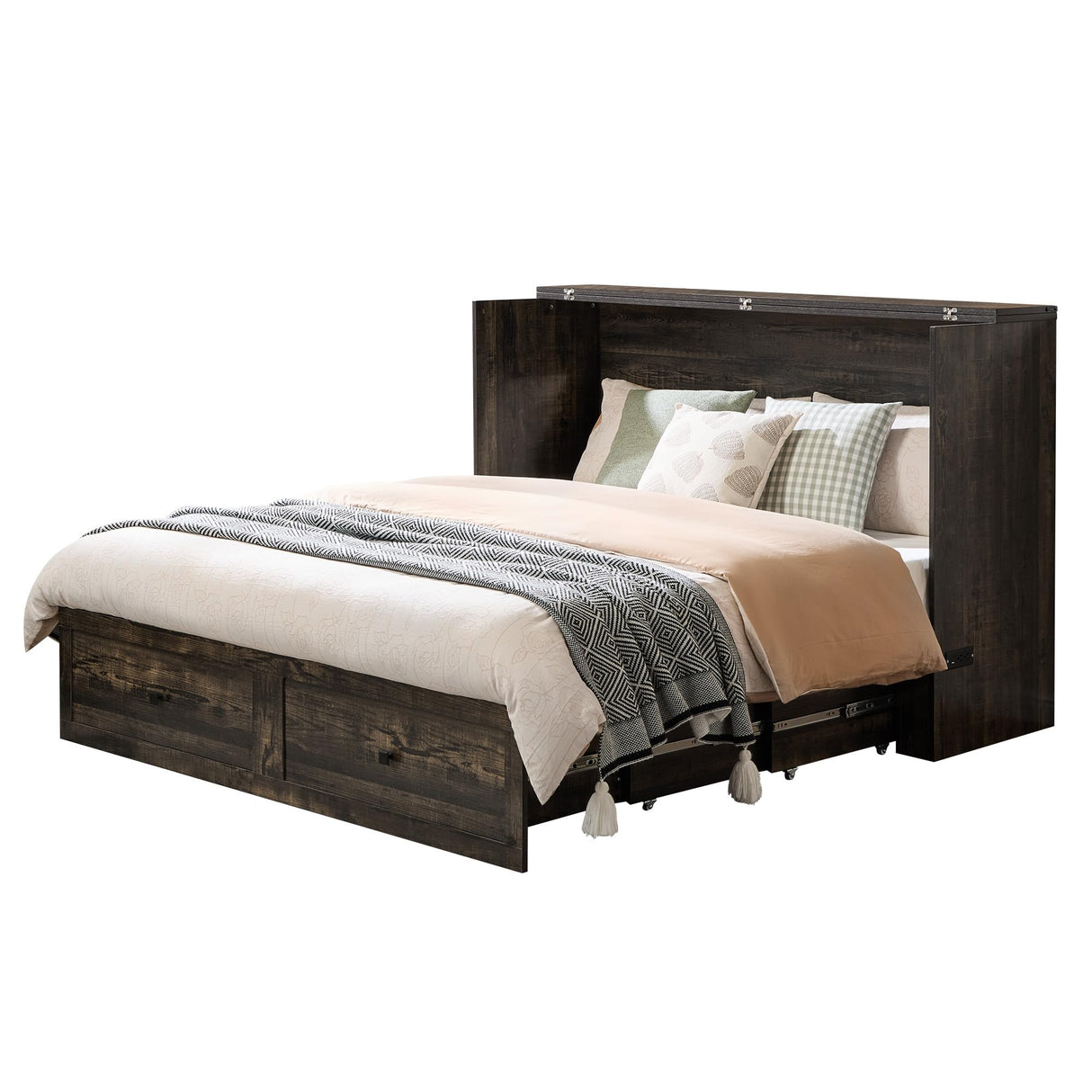 AMERLIFE Full Murphy Bed Cabinet with Charging Station and Storage, Farmhouse Foldable Platform Bed for Guest Room, Office, Small Spaces, Black Oak AMERLIFE