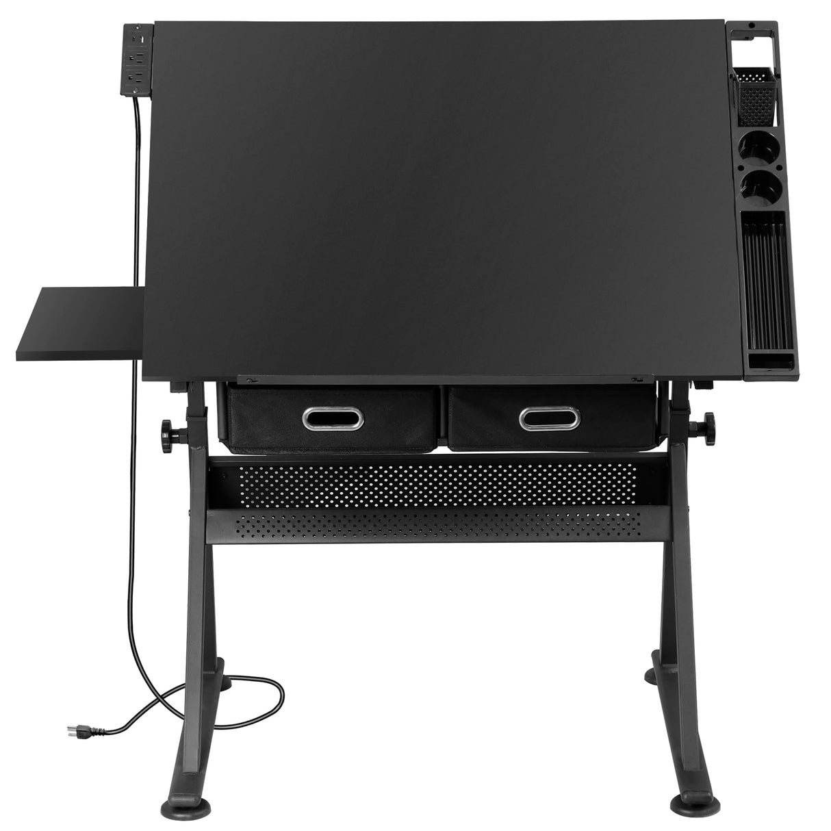 ZENY Adjustable Drafting Table with Stool, Tilting Drawing Desk Artist Table with Storage Drawers, Art Craft Workstation for Home Office Reading, Writing, Crafting (Black-with Outlet) ZENY