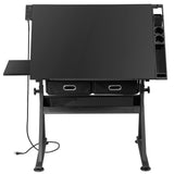 ZENY Adjustable Drafting Table with Stool, Tilting Drawing Desk Artist Table with Storage Drawers, Art Craft Workstation for Home Office Reading, Writing, Crafting (Black-with Outlet) ZENY