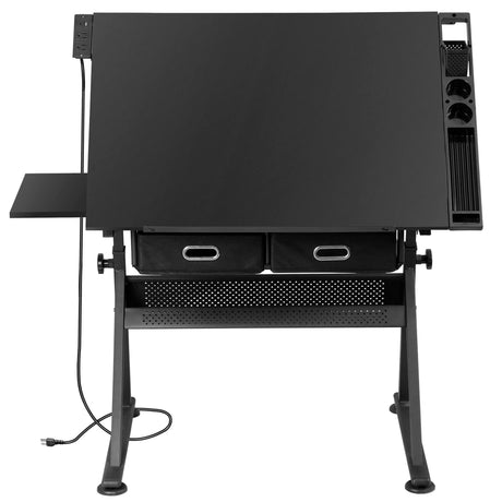 ZENY Adjustable Drafting Table with Stool, Tilting Drawing Desk Artist Table with Storage Drawers, Art Craft Workstation for Home Office Reading, Writing, Crafting (Black-with Outlet) ZENY