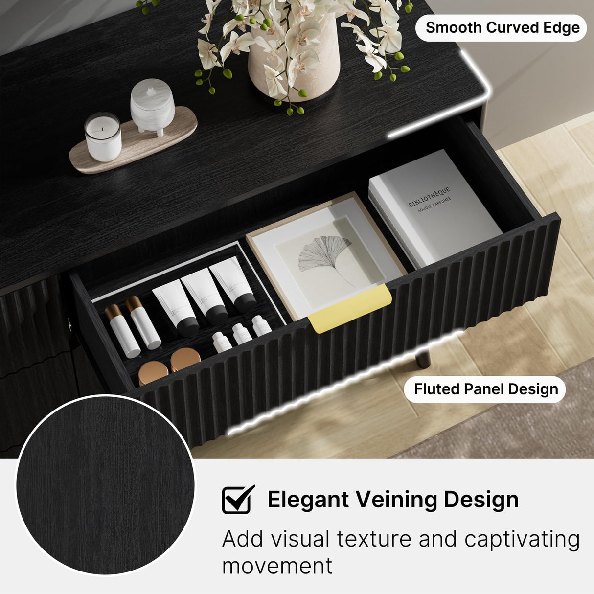 LYNSOM 6 Drawers Fluted Dresser for Bedroom, 55" Wide Modern Chest of Drawers with Metal Handle and Curved Profile Design, Dresser TV Stand, Wood Drawer Organizer for Living Room, Hallway, Black LYNSOM