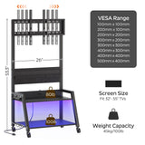 YATINEY Rolling TV Stand with Power Outlet, Mobile TV Stand with LED Light Up to 55" TVs, TV Cart with Mount, 5 Oxford Fabric Pouches, for Living Room, Meeting Room, Black DS01UDBB YATINEY