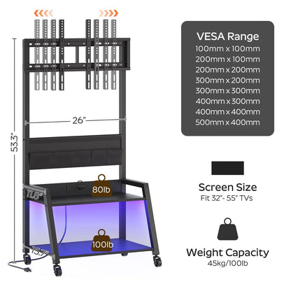 YATINEY Rolling TV Stand with Power Outlet, Mobile TV Stand with LED Light Up to 55" TVs, TV Cart with Mount, 5 Oxford Fabric Pouches, for Living Room, Meeting Room, Black DS01UDBB