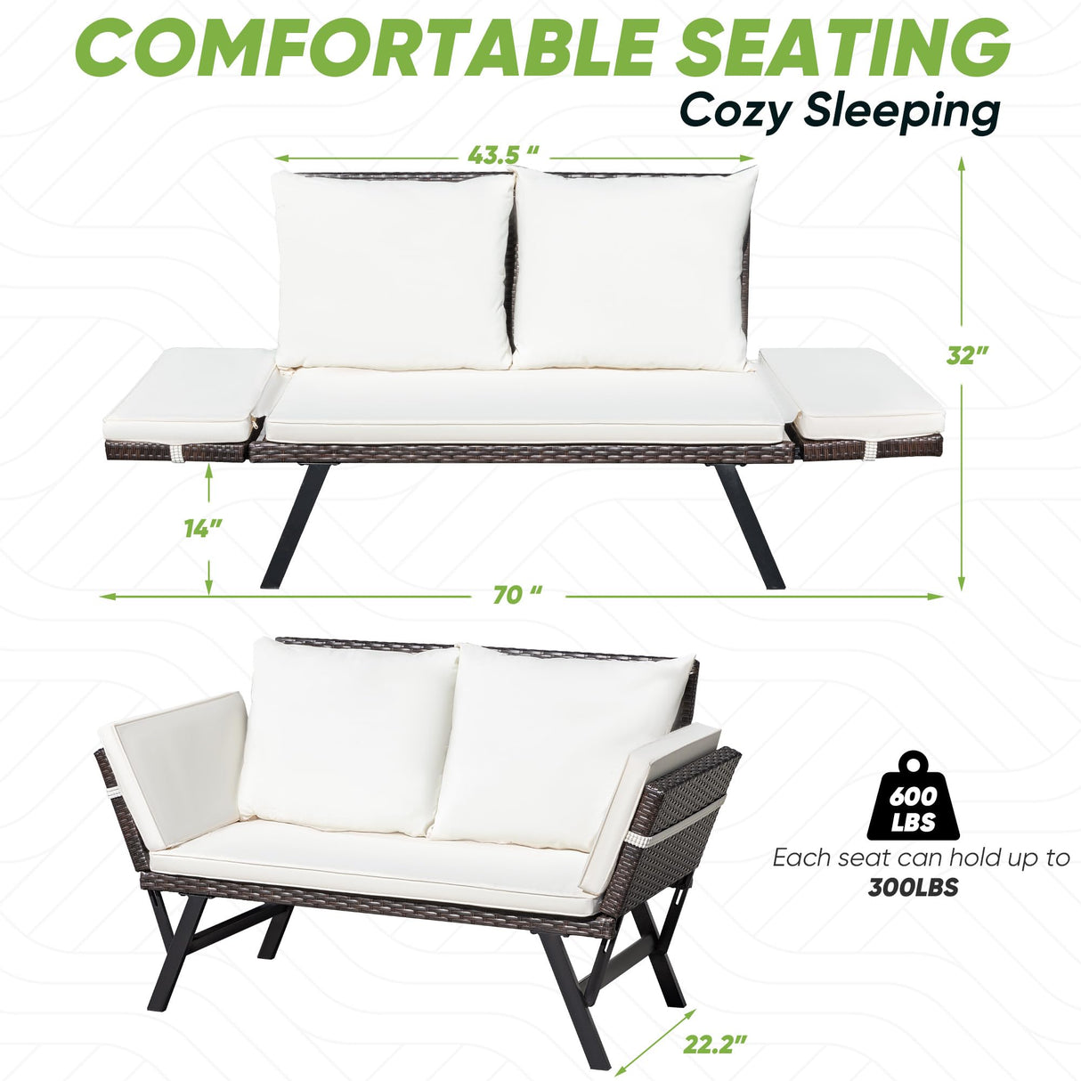 Greesum Outdoor Sofa, Woven Rattan Patio Furniture, Convertible Daybed or Double Chair with Adjustable Armrests, Cushions and Pillows for Yard, Porch, Pool, Brown Lounger & Beige Pillowcase Greesum