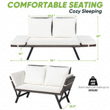 Greesum Outdoor Sofa, Woven Rattan Patio Furniture, Convertible Daybed or Double Chair with Adjustable Armrests, Cushions and Pillows for Yard, Porch, Pool, Brown Lounger & Beige Pillowcase Greesum