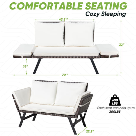 Greesum Outdoor Sofa, Woven Rattan Patio Furniture, Convertible Daybed or Double Chair with Adjustable Armrests, Cushions and Pillows for Yard, Porch, Pool, Brown Lounger & Beige Pillowcase Greesum