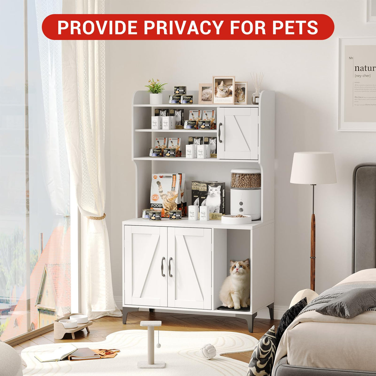 Litter Box Enclosure with Shelves and Doors, 2-in-1 Hidden Cat Litter Box Cabinet Furniture with Shelf, 51" Indoor Cat House Wood Sturdy Pet Washroom EcoSummer