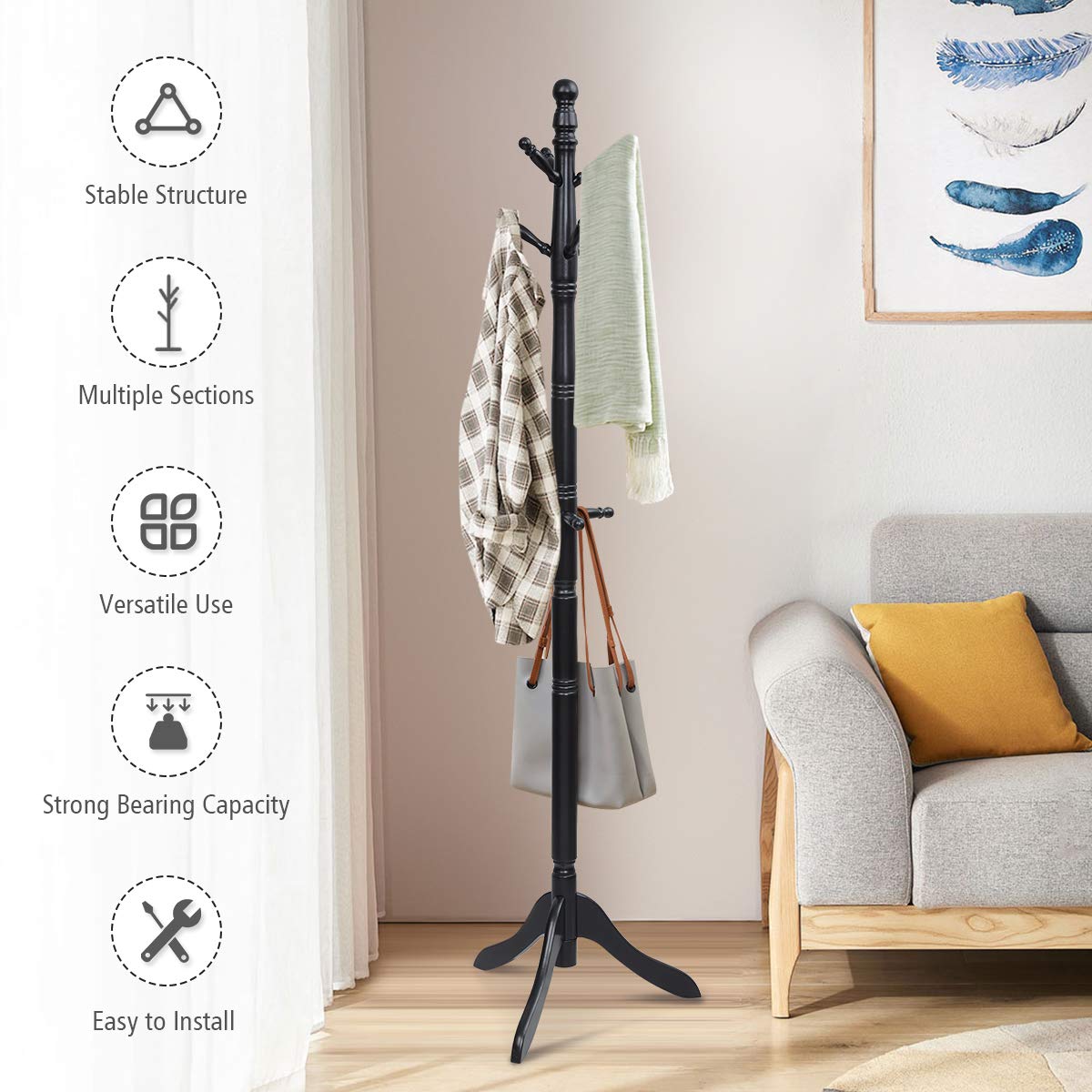 Tangkula Wood Coat Rack Freestanding, Entryway Height Adjustable Coat Stand with 9 Hooks & Stable Tri-Legged Base, Rubber Wood Coat Tree Hall Tree Coat Hanger Stand for Home Office Hall Entryway Tangkula