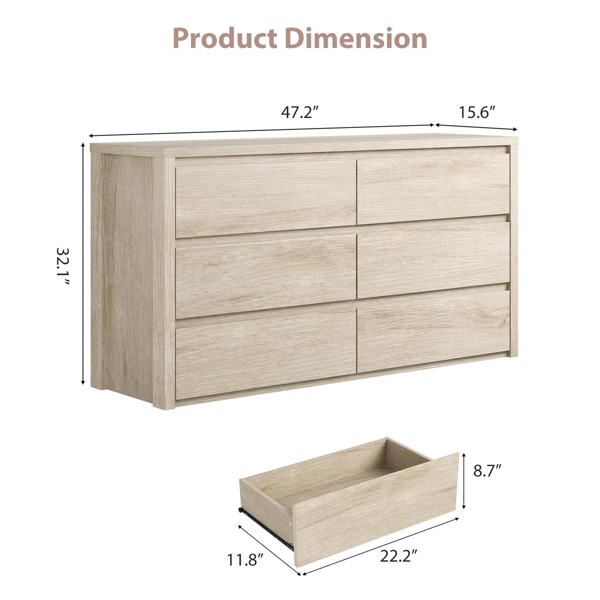 GarveeHome 6 Drawer Dresser for Bedroom, Wide Wood Chest of Drawers Handle Free, Large Modern Dresser Storage Cabinet for Living Room, Hallway Entryway GarveeHome
