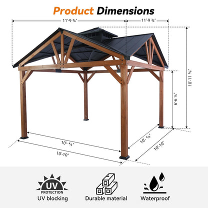 Modern Shade Wood Gazebo 12’x12’, Heavy Duty Hardtop Gazebo with Steel Roof, Water Resistant, Wind Resistant, Perfect for Your Permanent Outdoor Pavilion, Solid Wood Framed Gazebo, Cedar Gaze - WoodArtSupply