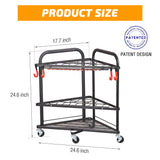 PLKOW Garden Tool Organizer with Wheels and Storage Hooks, Rolling Corner Tool Storage Rack for Garden, Shed, Garage, Powder Coated Steel, Black PLKOW
