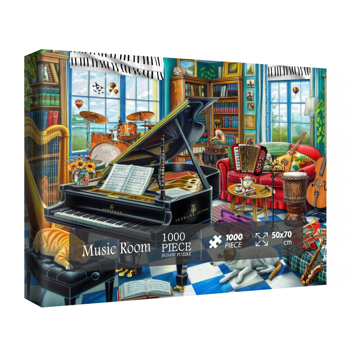 Music Room Puzzles for Adults 1000 Pieces, Pretty Musical Art Jigsaw Puzzles, Funny Cat Dog Puzzles BBOLDIN