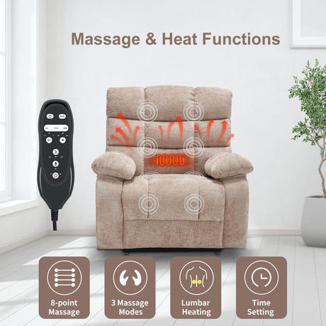 RHHVVR Oversized Power Lift Recliner Chair for Elderly, Dual Motor Lay Flat Recliner Big Chair with Massage and Heating, Chenille Electric Recliner Chairs for Living Room, Medium-Firm, Beige RHHVVR