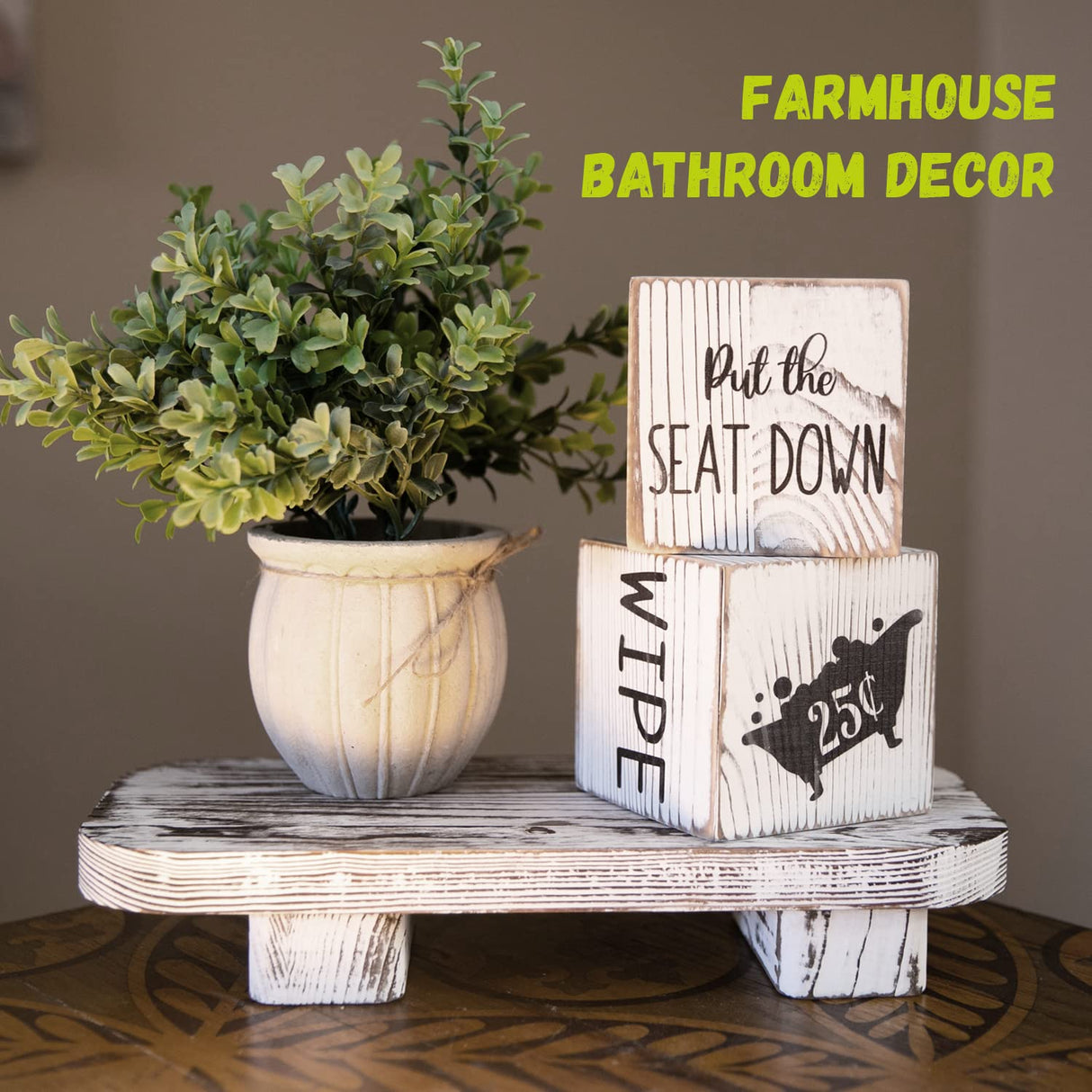 Liswit Farmhouse Funny Bathroom Decor Signs, 3 Wooden Blocks with Plant & Tray, Rustic Decoration for Bathroom Countertop Liswit