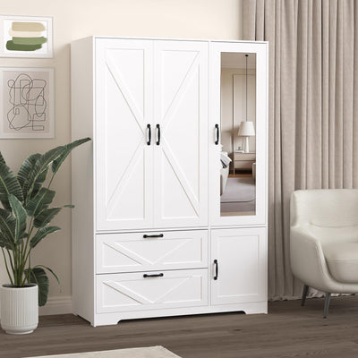 Hosnnile 72'' Armoire Wardrobe Closet with Mirror Door & Light, Farmhouse Bedroom Clothes Cabinet with 4 Doorrs + Hanging Rod + 2 Drawers, Wooden Wardrobe Cabinet with Adjustable Shelf for Bedroom