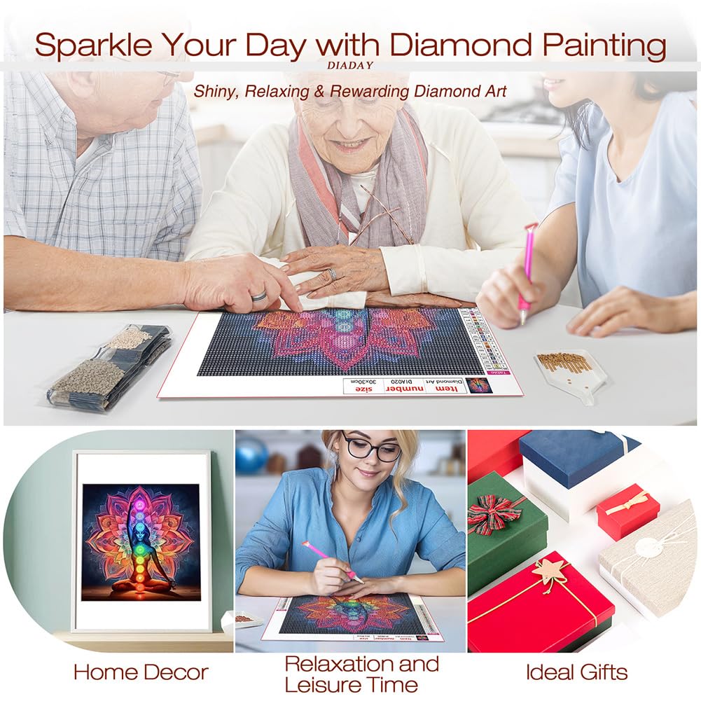 DIADAY 5D Chakra Mandala Diamond Painting Kit for Adults, Full Drill Round Chakra Diamond Art Kits for Beginners, DIY Mandala Diamond Dot Art Craft, Home Wall Decor Gift, 12x12 Inches DIADAY
