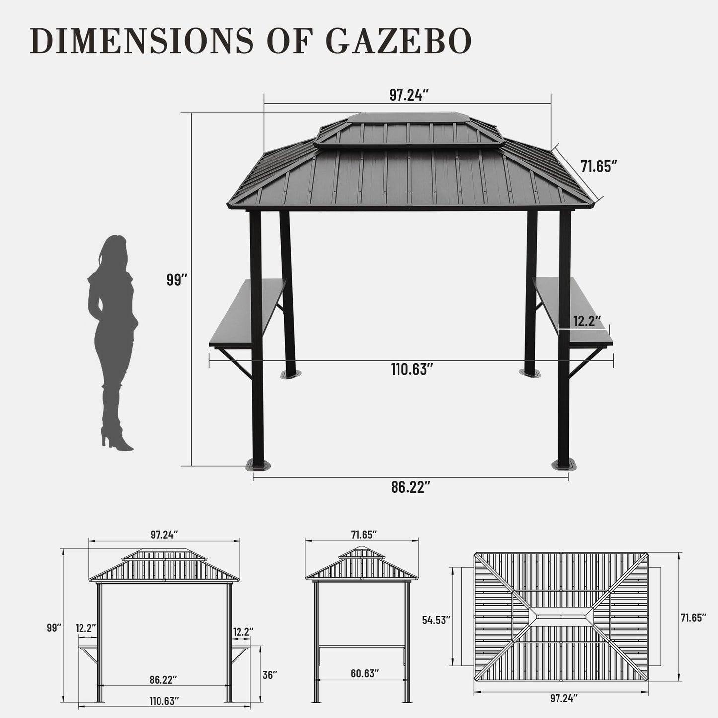 Domi 8’ x 6’ Grill Gazebo, Outdoor Aluminum BBQ Gazebo with 2 Side Shelves, Hardtop Double Roof Permanent Sun Shade with Ceiling Hooks for Patio Deck Yard Garden (Grey) - WoodArtSupply