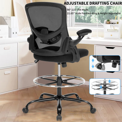 Drafting Chair, Ergonomic Standing Desk Chair with Flip-up Armrests, Tall Office Chair for Standing Desk, Counter Height Office Chairs with Footrest and Adjustable Lumbar Support - WoodArtSupply